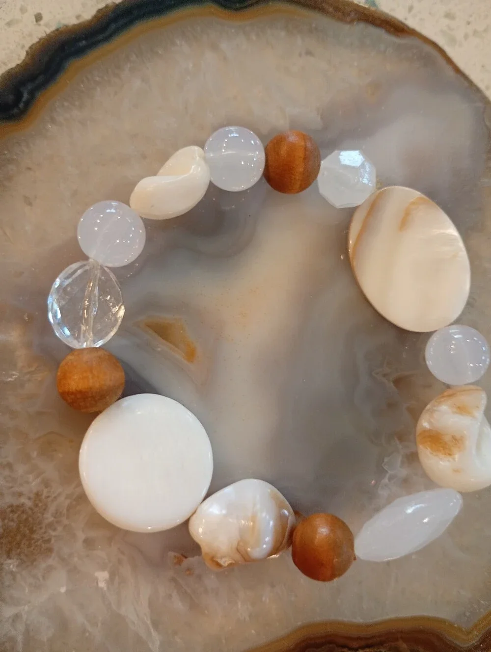 White Shell Like, Clear + Brown Beaded Stretch Bracelet - Picture 2 of 3